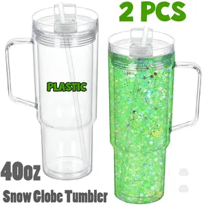 2 PACK 40 oz Plastic Snow Globe Tumblers with Handle, Double Wall Acrylic Snow Globe Cups, Cold Drinks Water Tumblers with Pre-drilled Hole and Silicone Plug for Snow Globe Glitter DIY Drinkware Bottle Portable