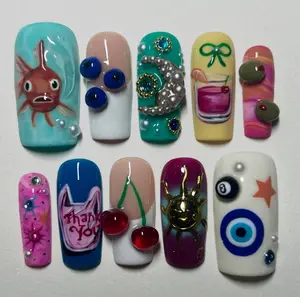 Eclectic Maximalist Nails with Goldfish, 3D Evil Eyes, Moon Charms, Cocktails, Cherries, Olives, Thank You Bag, and Spiritual Symbols – Whimsical Freestyle Nail Art Set
