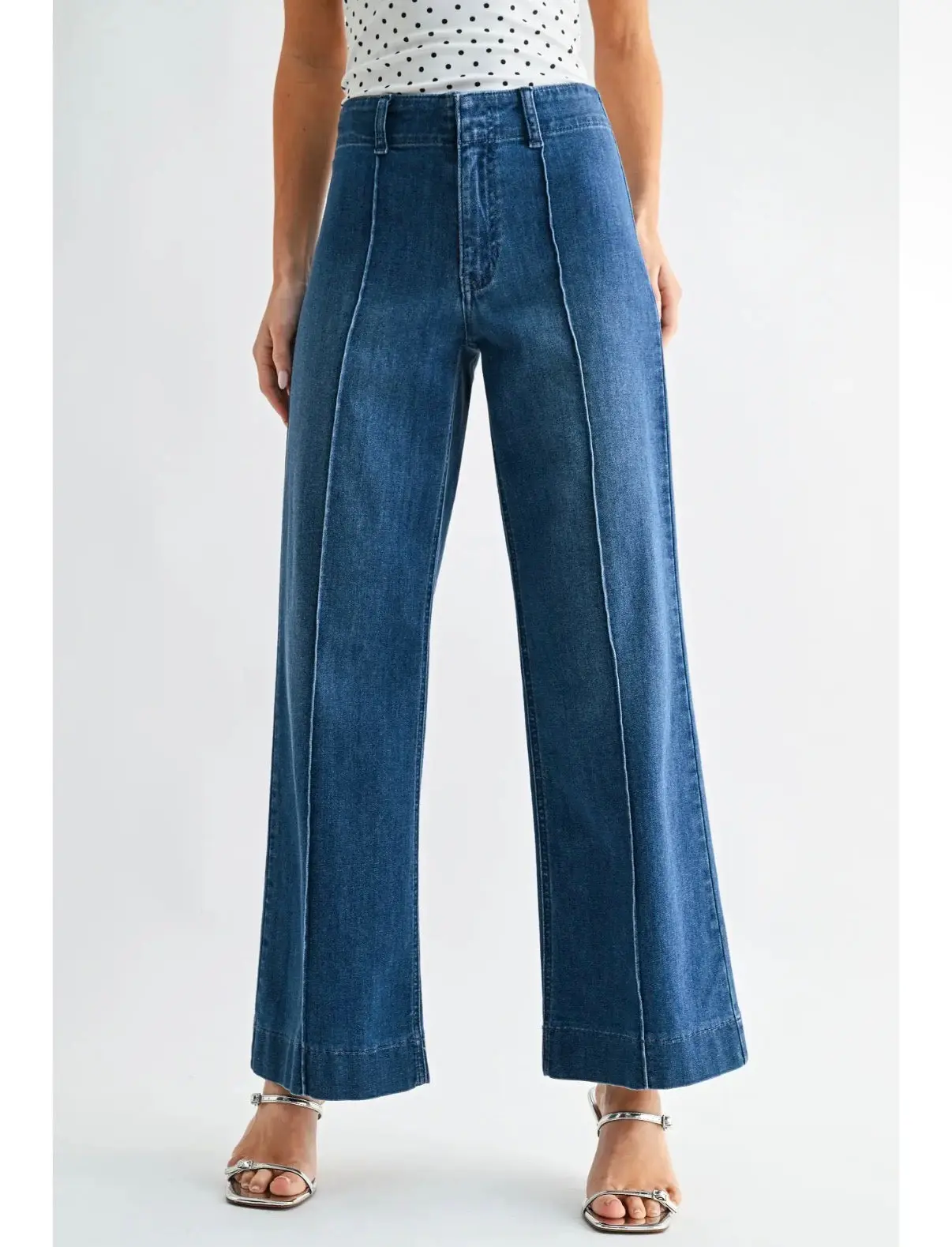 Pintuck High Rise Trouser Wide Leg-Medium Denim