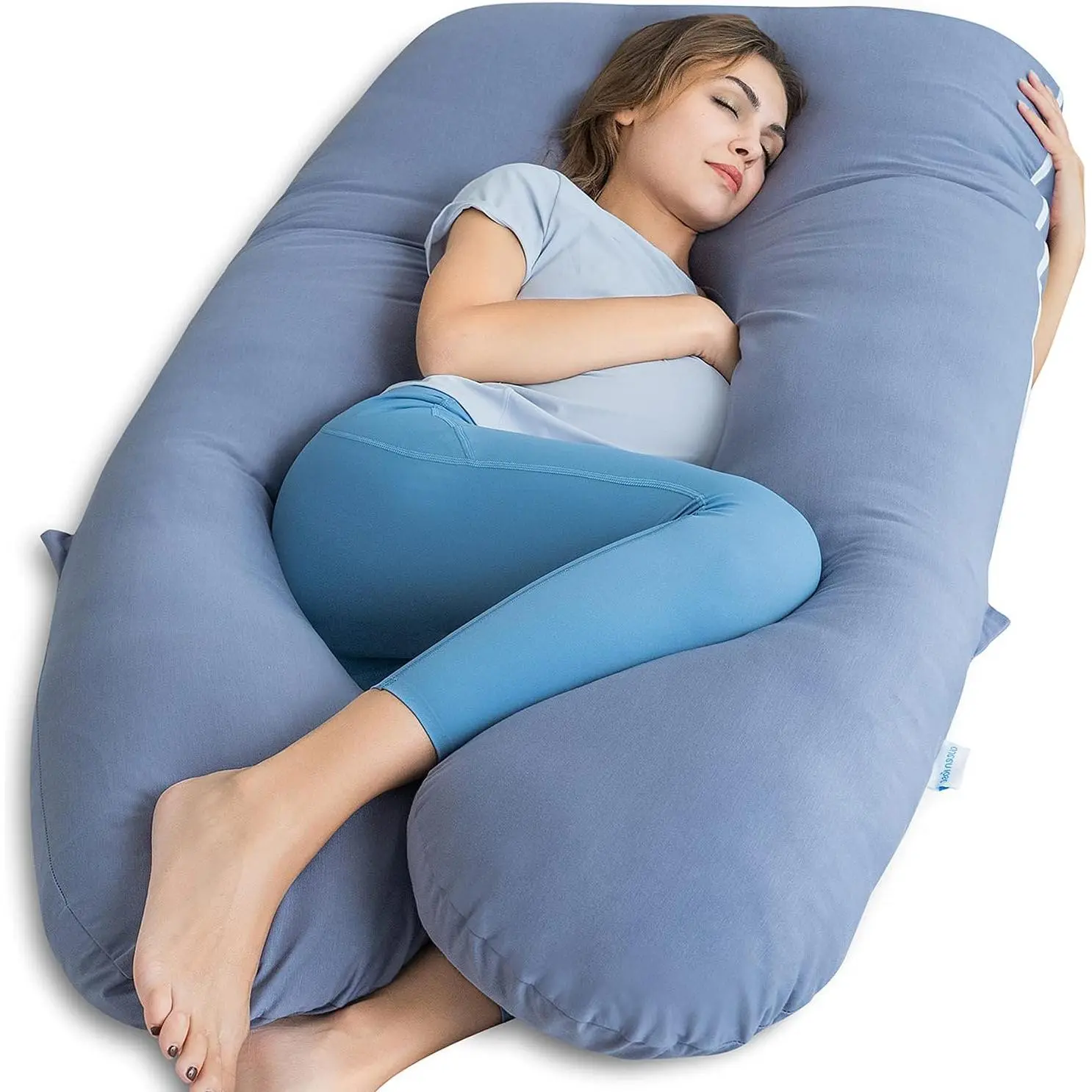 U Shaped Full Body Pregnancy Pillow 55inch with Cool Silky Pillowcase Blue for Sleep Support Maternity Cushion