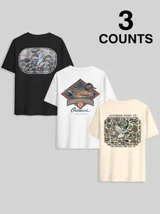 Men's Letter & Duck Print Short Sleeve Graphic Tee, Regular Fit Casual Street Round Neck T-shirt for Summer, Men's Top for Daily Wear, Tropical