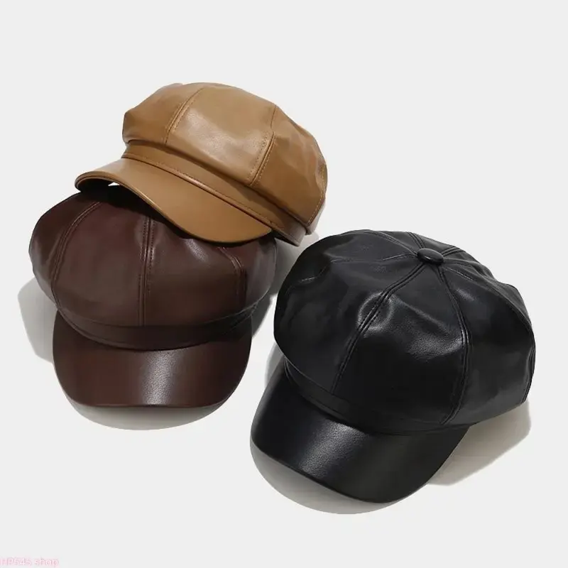 Unisex 8-Panel Khaki PU Leather British Retro Newsboy Hat, Lightweight All-Season Casual Streetwear Fashion Accessory