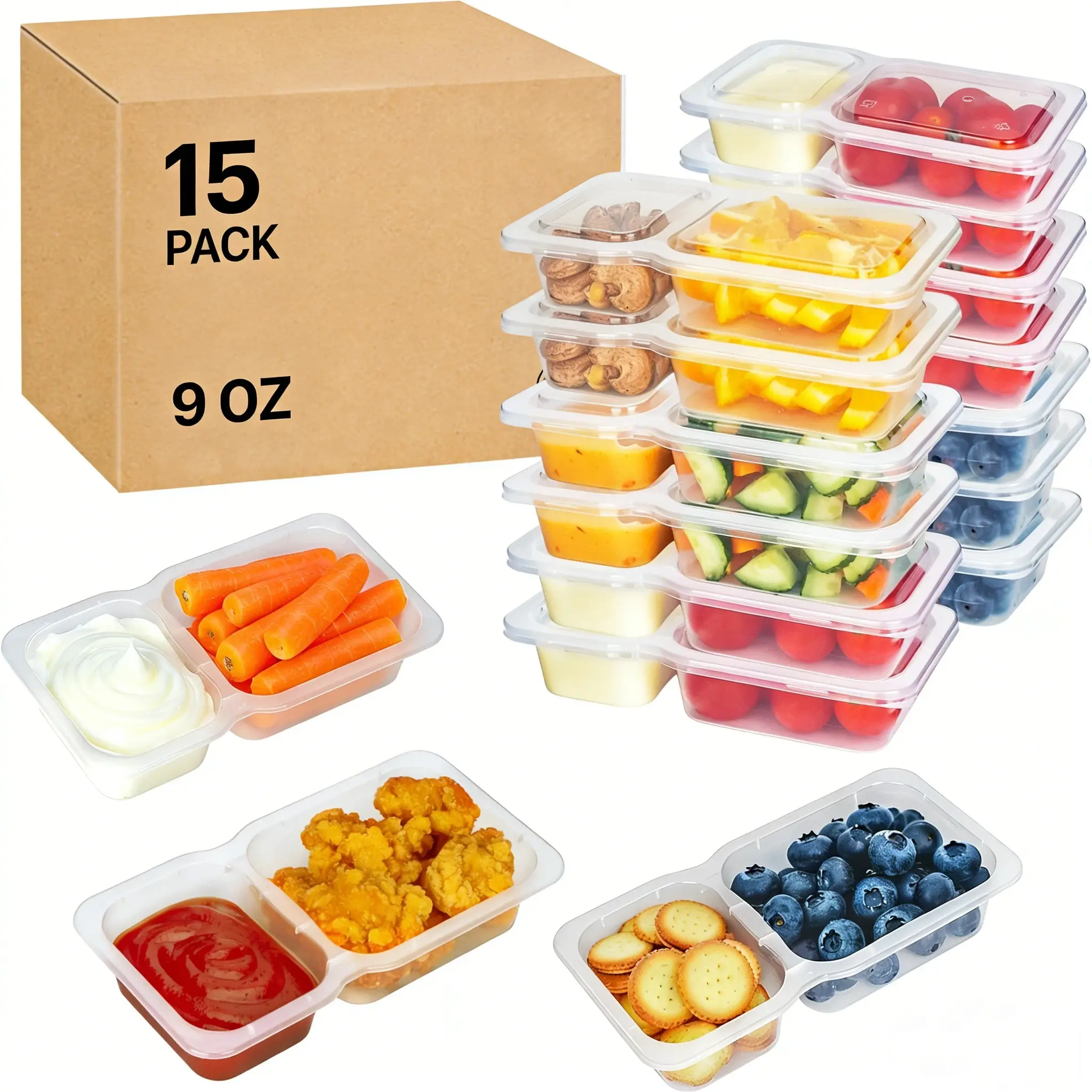 9oz Double Compartment Snack Containers, 15 Pack Bigger Reusable Clear Snack Packs with Lids, Durable & Leakproof Container Design, Stackable Kitchen Plastic Storage Containers, Food Storage, Preserving Containers, Transparent Container