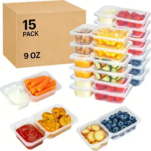 9oz Double Compartment Snack Containers, 15 Pack Bigger Reusable Clear Snack Packs with Lids, Durable & Leak-Proof Design, Stackable Storage Containers, Food Storage, Preserving Containers