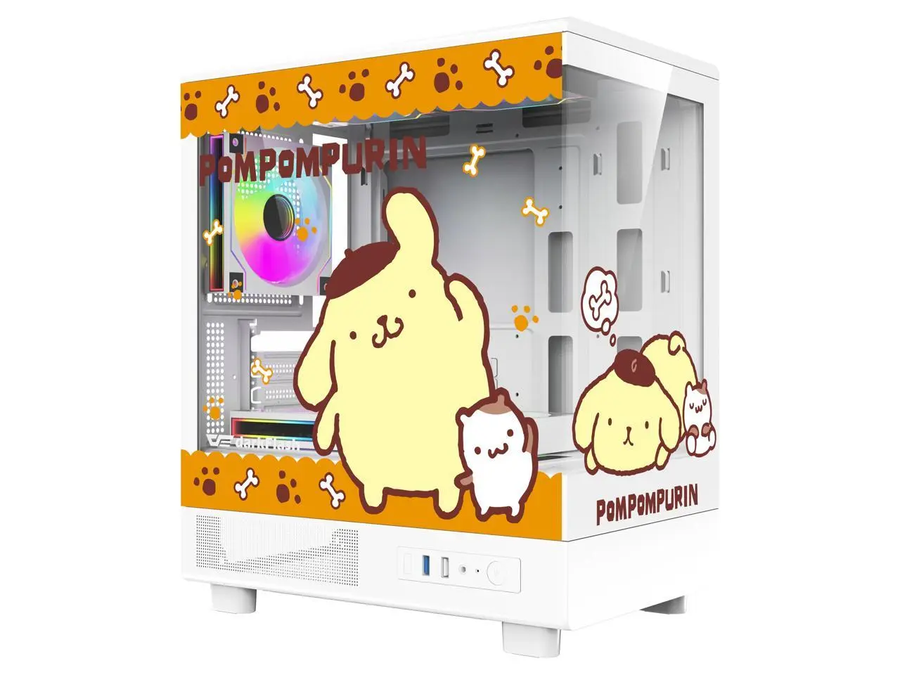 darkFlash DB330M MOTI Mini M-ATX Gaming PC Case, Sanrio Pom Pom Purin Official Licensed Edition, 270° Frameless Tempered Glass, 5x120mm Fans Included, Supports 240mm Radiator, Compact Case, White