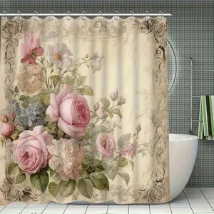 1pc  Flat Shower Curtain Pink White and Green Victorian Style Polyester Bathroom Including  Hooks for Home Decoration and Bathroom Decoration Machine Washable and Washable