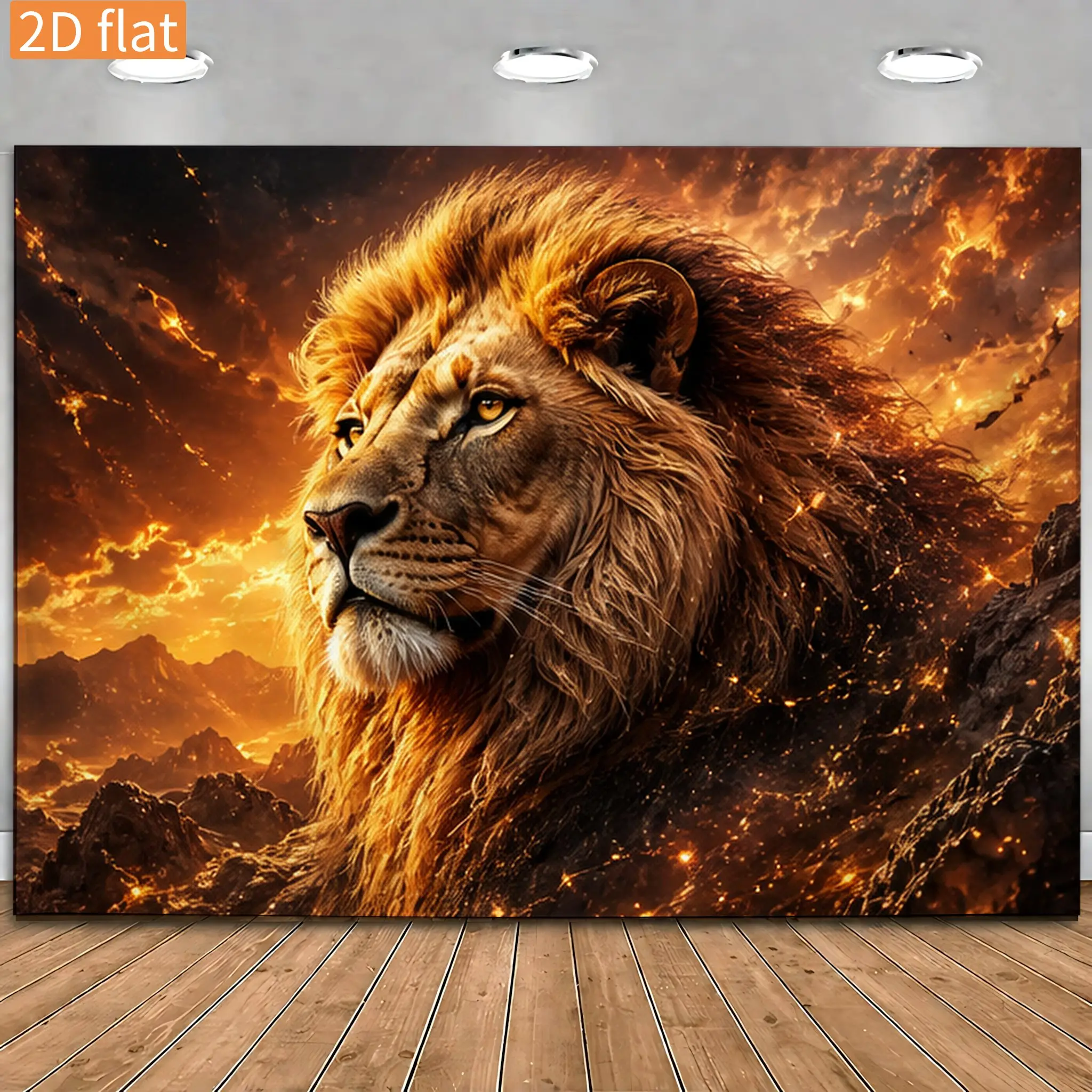 2D Flat, 2D Flat - 2D Flat 1pc Banner Golden Lion Flame Starlight Mountain Rock Wall Tapestry, with a Majestic Lion Head, Golden Mane, Fiery Flames, Dark Mountain Rocks, Starry Light Effects And Powerful Nature Elements