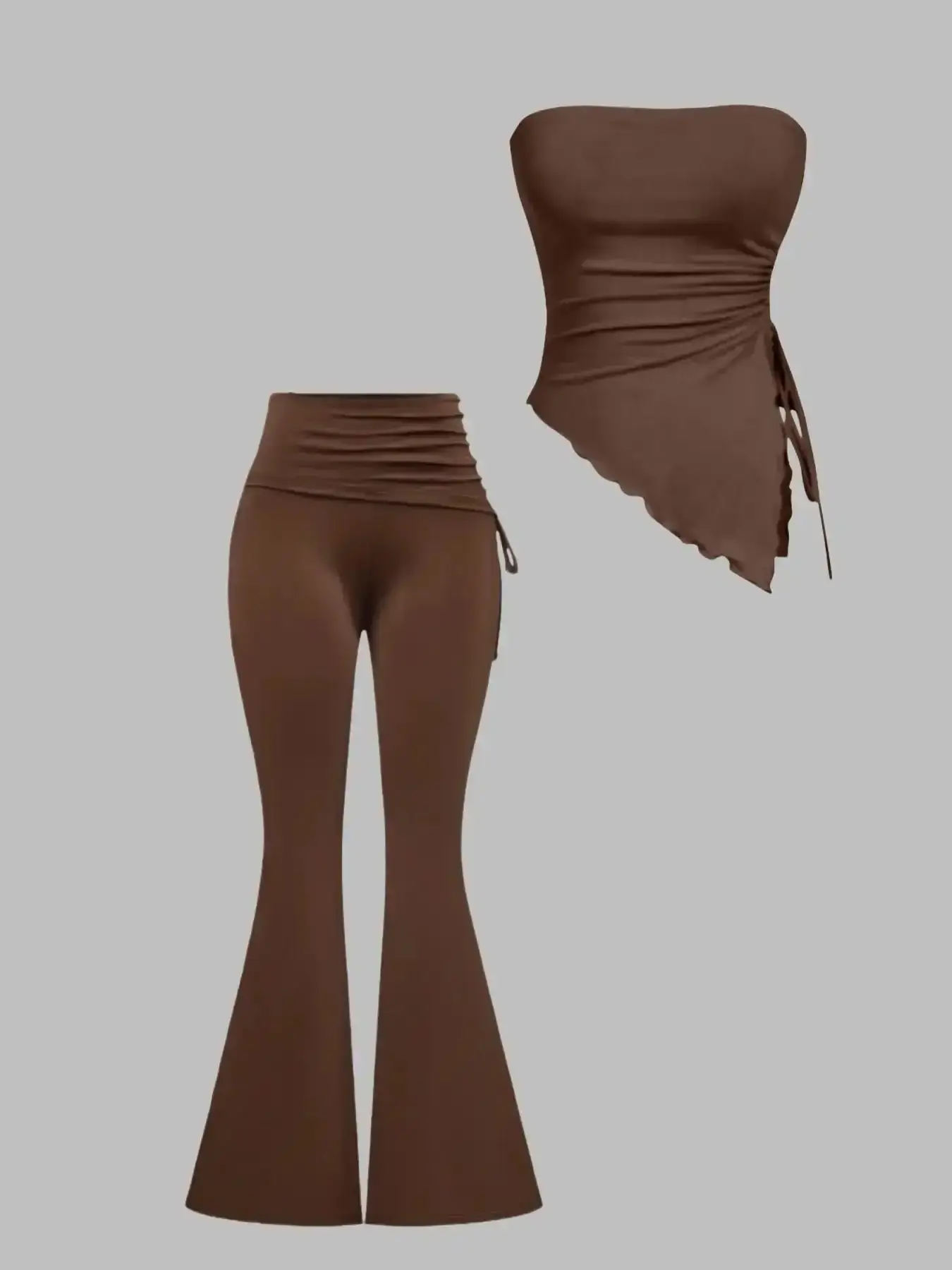 Plain Basic Versatile Tube Top Drawstring Flared Pants Set, Home Casual Commuting Multi-Functional Stretchy Outfit, Coordinated Look Effortless Pairing Contemporary Edge Put-Together Style
