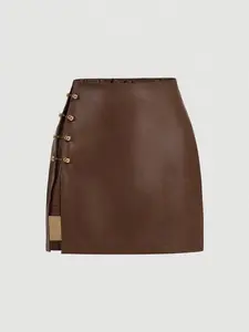 Women's Plain Faux Leather Mini Skirt, Metal Button Side Slit Design, Casual Chic Style, Short Length, Perfect for Everyday Wear