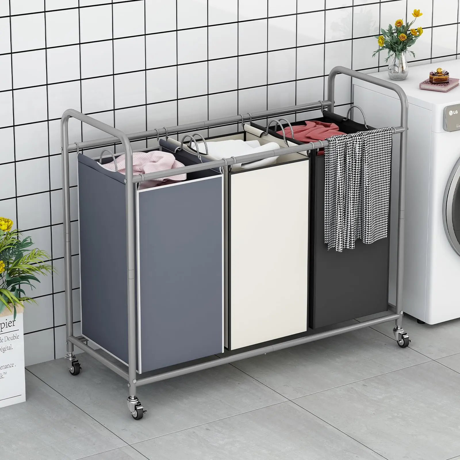 SUOERNUO 3 Section Laundry Sorter, 3 Bag Laundry Hamper Cart with Heavy Duty Rolling Lockable Wheels and Removable Bags, Laundry Organizer Laundry Basket Laundry Clothes Separator Hamper Container Black Deals For You Days summerwins