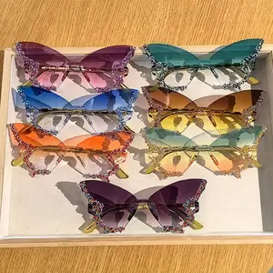 New Butterfly Shaped Decorative Glasses with Large Frames for Dance Parties, Fashion Shows, Studded Glasses for Women, Glasses for Parties,Butterfly Shape Rhinestone Frameless Sunglasses for Women, Party Dance Personality Show off Glasses