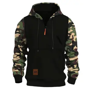 Men's Colorblock Hooded Camo Sweatshirt Vintage Camo Hoodie Zip Up Loose Fit Casual Pullover with Top Stitching Slit Pocket for Daily Outdoor Wear