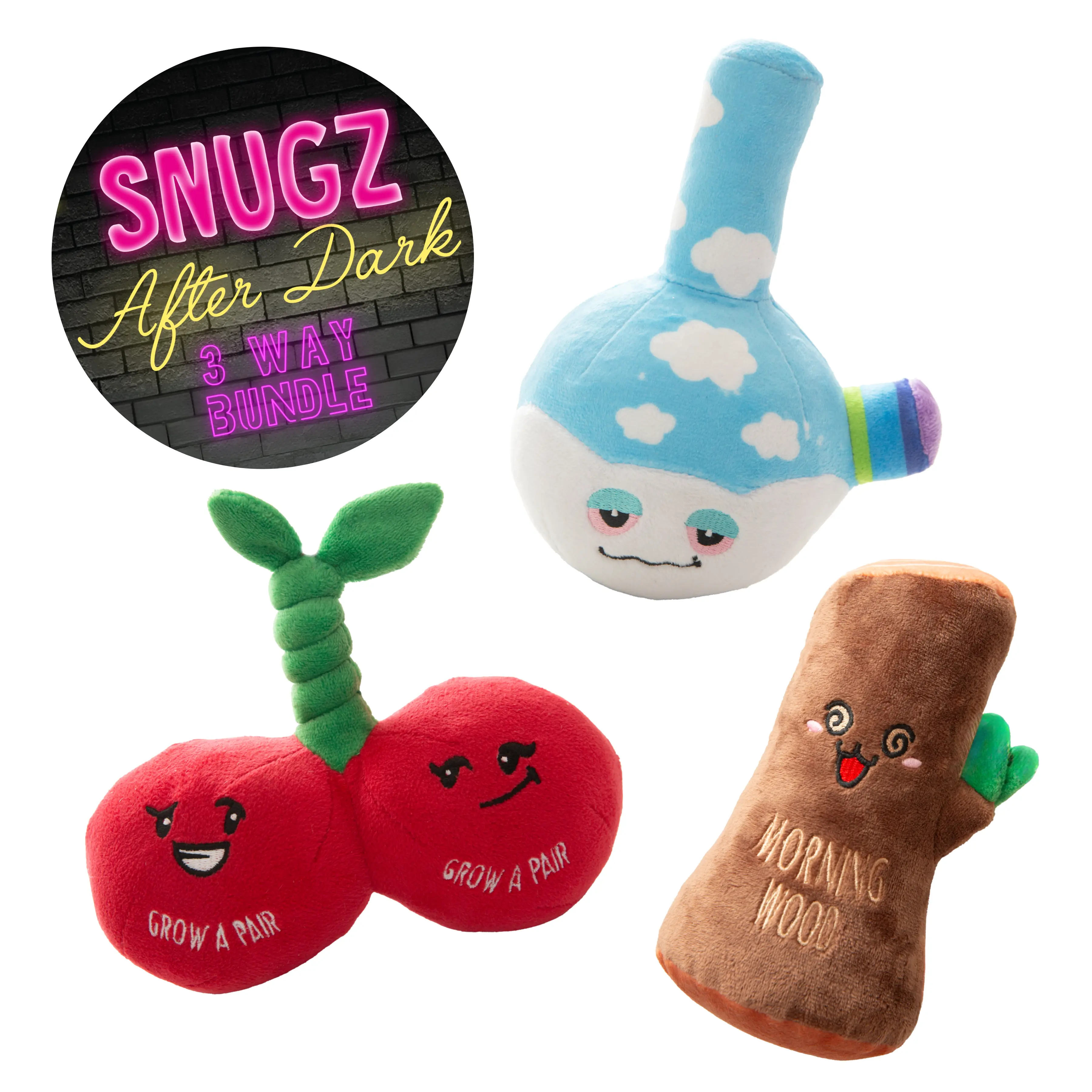Snugz After Dark 3-Way Dog Toy Bundle Set - 3 Plush Toys for Dogs with Built-In Squeakers, Funny Designs, Recycled Plastic Construction
