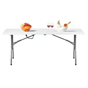 6FT Outdoor Courtyard Foldable Long Table Portable 70.8 Inch HDPE Dining Table with Steel Legs White Grey Space Saving Design for Party Picnic Camping Events