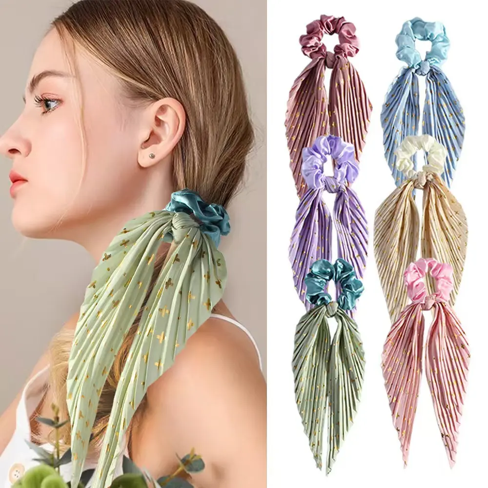 Pleated Hair Scarf Scrunchie for Women, Long Scarf Tail Elastic Hair Tie, Gold Print Ponytail Holder, Soft Stylish Hair Accessories for Women & Girls