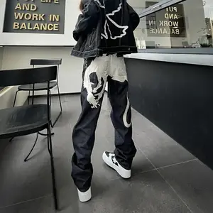Wide-leg street-style silver dragon embroidered jeans, unisex punk loose trendy straight-leg pants with unique design