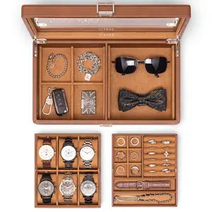 VLANDO 6-Slot Lockable Leather Wristwatch Storage Box for Men - Glass Lid, Adjustable Strap, Rectangular Classic Organizer, Dad Gift for Dads, Anniversary/Birthday Present for Husbands, Men's Accessory