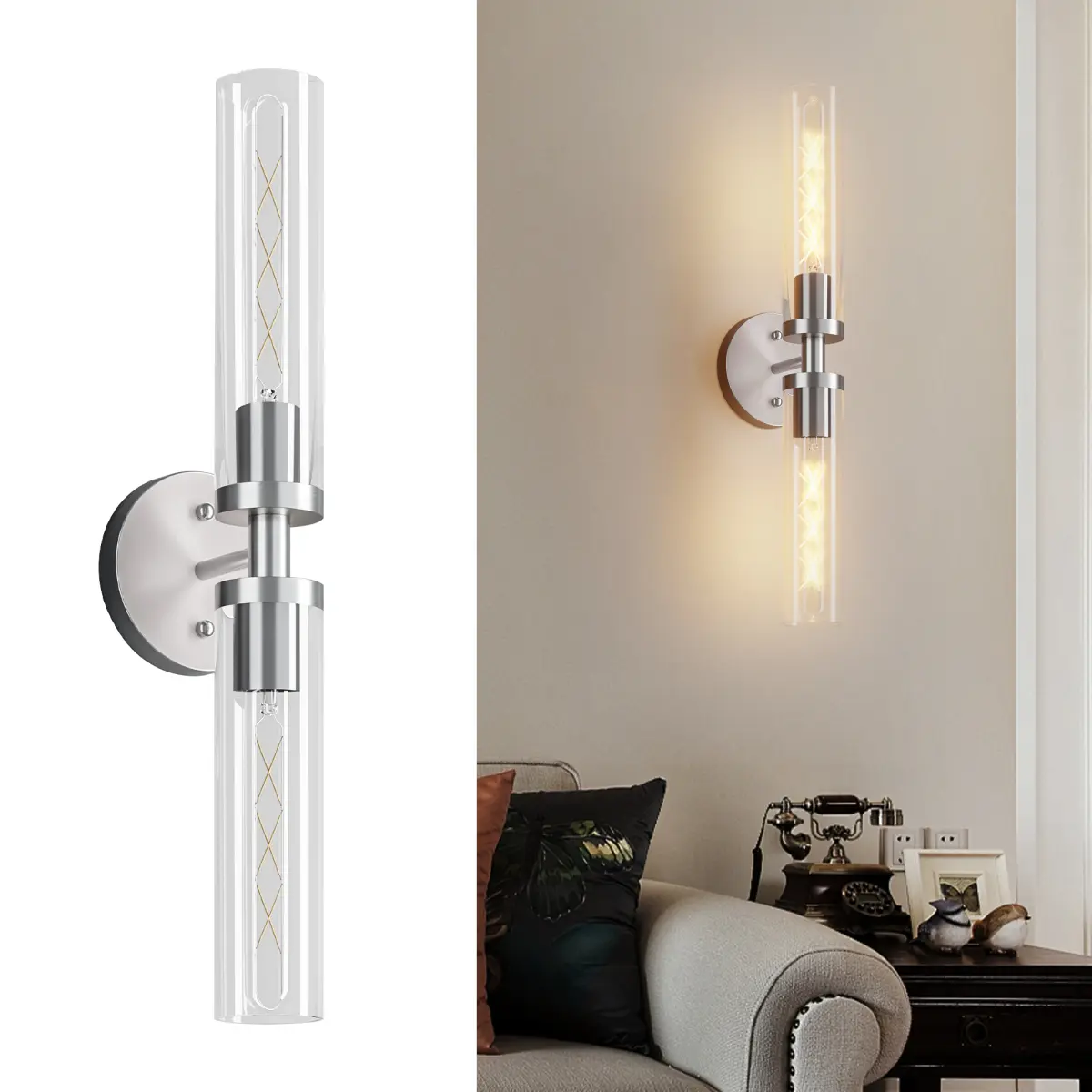 Wall Sconces Set of Two, Hardwired Brushed Nickel Bathroom Sconces Wall Lighting with Clear Glass, Modern Sconces Wall Decor Set of 2 Wall Light fixtures for Mior Hallway (Bulbs Not Included)