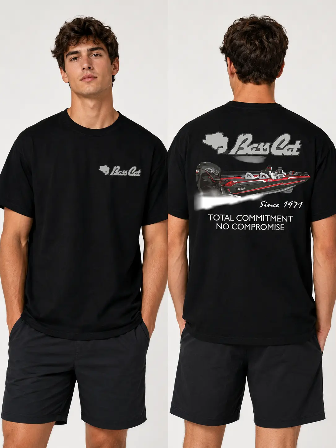 Bass Cat Boats T-Shirt, Black Performance Tee with Speed Boat Graphic and “Total Commitment” Slogan, High Performance Fishing Shirt for Pro Anglers & Boat Fans