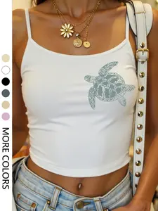 Women's Casual Summer Home Wear, Turtle Print Tight-Fit Tank Top, Sweet Spicy Sleeveless Design, Thin Fabric Crop Top