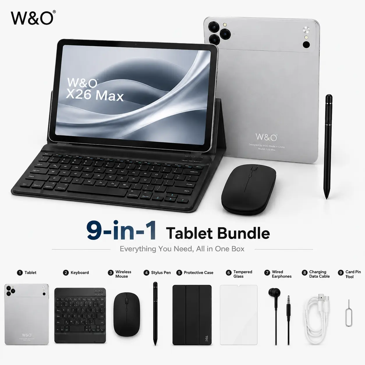 W&O X26 Max 10.95" Android 15 Tablet, 12GB RAM + 256GB ROM, SIM Card & Micro SD Support, Octa-Core Processor, 10000mAh Battery, 20MP Camera, Keyboard Mouse Stylus Case Bundle, Perfect for Work Study Entertainment, Back to School Gift, Summer Tech Deals