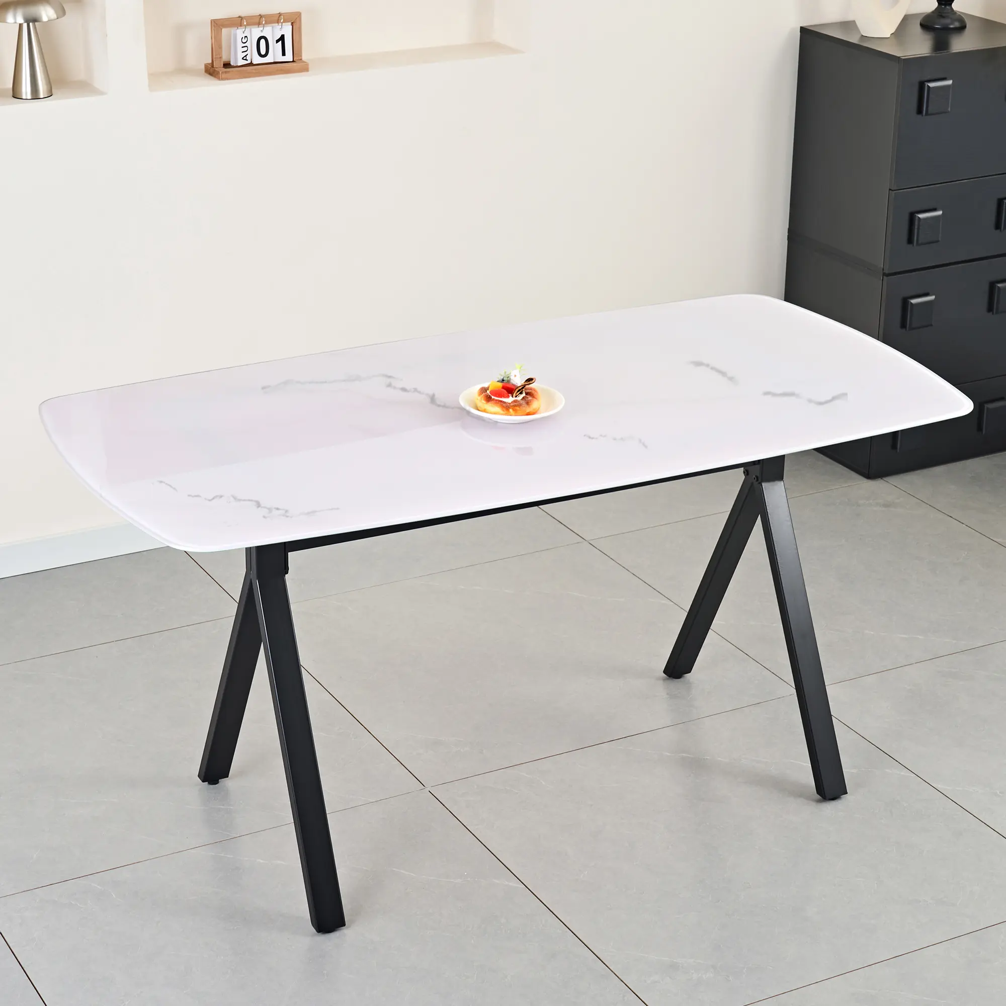Indoor Furniture Rectangular Dining Table - Tempered Glass Marble-Patterned Tabletop, Black Metal Legs, Ideal for Restaurant & Dining Room Settings, Dining Room Table