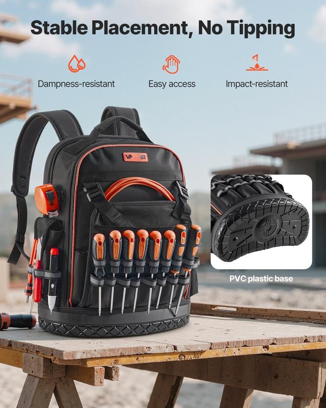 Tool Backpack with 64 Pockets, Tear-Resistant Construction, Heavy-Duty Jobsite Organizer for Electricians and Tradespeople, Portable Tool Storage Bag with Padded Straps, Waterproof Fabric, Reinforced Handle, and Compartments