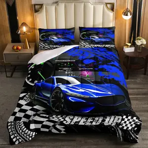 Blue Race Car Comforter,Sports Car Designer Comforter Set,Race car Luxury Bedding Set,Racing Car Buffalo Plaid Duvet Set,Room Decor Quilt Set