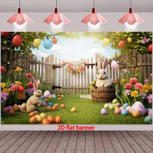 2D Flat - 2D Flat - 1pc 2D Flat Easter Party Backdrop Banner | Spring Easter Rabbit, Colorful Eggs, and Green Grass Yard Photo Background for Easter Egg Hunt Game, Polyester Easter Party Deco