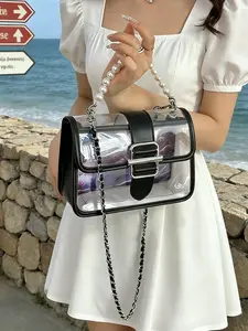 Transparent PVC Pearl Chain Crossbody Bag, Small Square Bag for Women, Lightweight Clear Shoulder Bag, Fashion Crossbody Purse, Concert & Daily Use, Stylish & Functional, Tiktok Trending