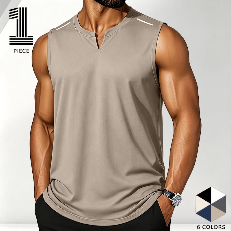 Popular European and American muscle fitness apparel: a small V-neck sleeveless sports T-shirt for men, quick-dry fitness tank top with high elasticity and reflective shoulder stripes; wearing it alone highlights muscle lines, and layering doesn’t add bul