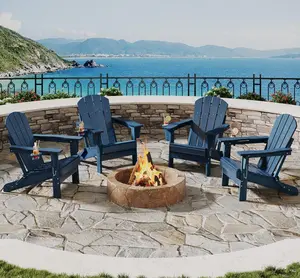 Folding Adirondack Chair Set of 4, All-Weather HDPE Outdoor Chair, Wooden Textured with Cup Holder for patios, Decks, Gardens, fire pits, Navy Blue