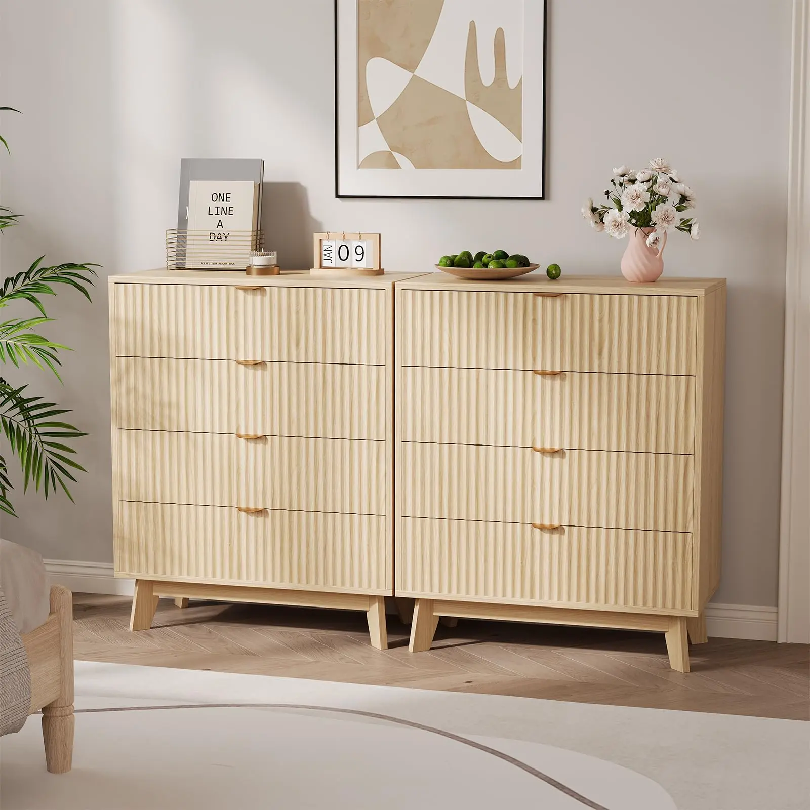2-Piece Mid-Century MDF Wood Furniture Dresser Set, 4-Drawer Storage Cabinet with Ribbed Panels & Soft-Close Slides, Natural Oak Finish for Bedroom & Living Room