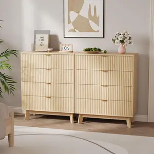 2 Piece Furniture Dresser Set 4 Drawer Storage Cabinet Natural Oak Finish Designer Mid Century Modern Unit for Bedroom Living Room Entryway
