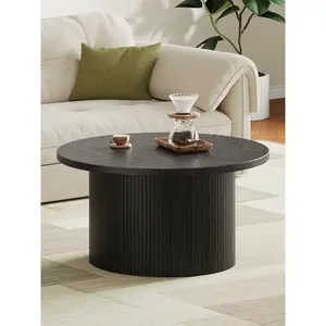 31.5" Gorgeous Fluted Coffee Table, Round Mid Century Coffee Tables for Living Room, Cute Modern Wood Coffee Table, Drum Accent Small Center Table, Bedroom Furniture, Christmas Gift