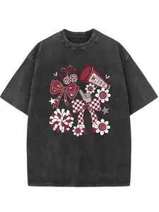 Vintage Oversized Washed T-Shirt - Preppy Cheerleader Coquette Graphic with Maroon Bow & Megaphone Design - Unisex Breathable Round Neck Short Sleeve Tee for Cheer Season, Sports Events, Casual Wear - Plus Size