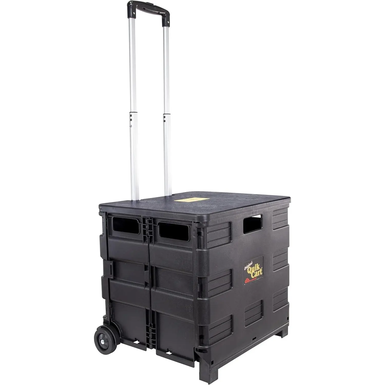 dbest products Quik Cart Collapsible Rolling Crate on Wheels for Teachers Tote Basket 80 lbs Capacity, Made from Heavy Duty Plastic and used as a Seat