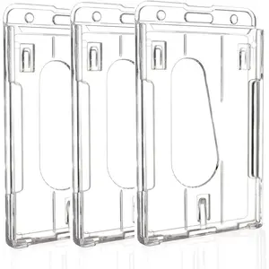 Hard Plastic Badge Holder,  Clear ID Badge Name Card Holder with Easy Access Thumb Slot, Transparent PC Case for Office School IDs, Driver's Licenses and Passes, Vertical Style, 3 Pack