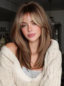 16 Inch Wig with Bangs, Full Head Cap Fit for Women, Heat Resistant Synthetic Hair Wig, Natural Middle Part, Suitable for Daily Use, Natural Looking Wigs