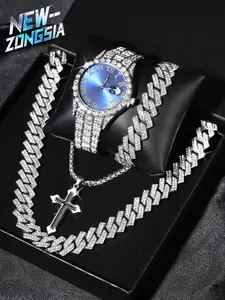 4-Piece Luxury Jewelry Set, Blue Dial Diamond Watch, Cuban Chain Necklace, Bracelet, Cross Pendant, Zircon, Hip-Hop Style, All Seasons