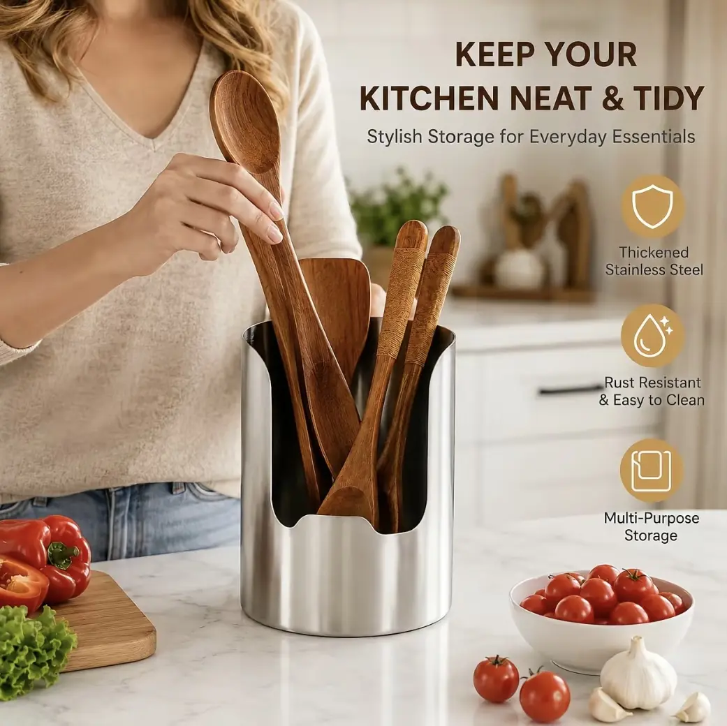 Must‑Have Kitchen Gadget｜Rust‑Proof Thick Stainless Steel Utensil Holder Easy Clean Multi‑Use Countertop Storage For Cooking Tools