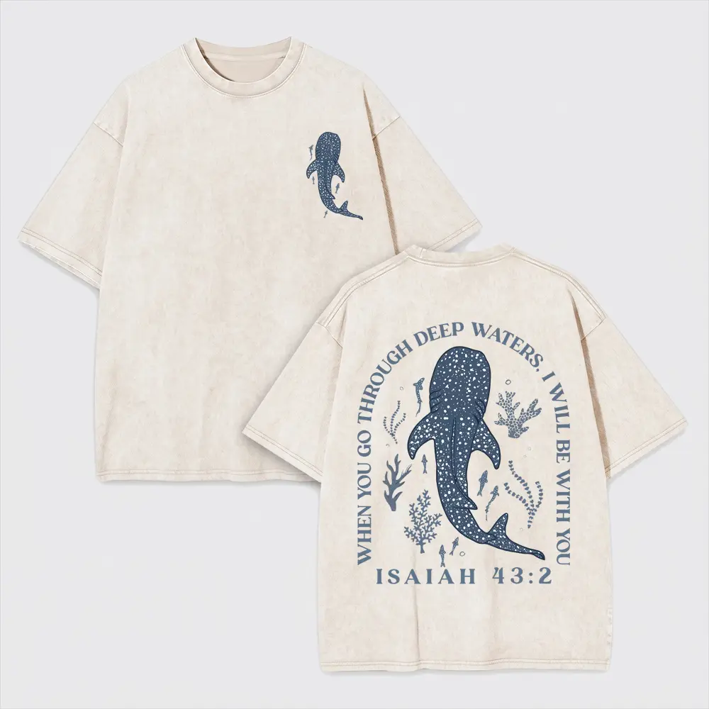 When you go through deep water I will be with you Whale Shark Washed T-shirt Fashion Men's and Women's Short Sleeve,Whale Shark Isaiah 43:2 Graphic T-Shirt, Vintage Washed Ocean Tee, Deep Sea Faith Shirt with Inspirational Bible Verse