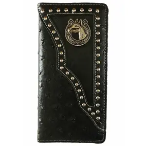 Men's Western Bifold Wallet Black Checkbook Style with Horse Design