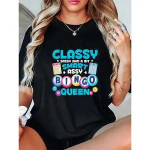 Bingo Queen" Fun & Sassy Graphic Tee - 100%, Short Sleeve, Crew Neck Casual Shirt for Women, Classy, Smart, T-Shirt