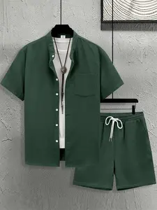 Men's Dark Green Textured, Plain 2-Piece Casual Menswear Set - Short-Sleeve Mandarin Collar Button Shirt (with Chest Pocket) + Matching Drawstring Waist Shorts, Ultra-Soft Waffle-Knit Fabric, Relaxed Fit, for Daily Casual, Café Hangouts & Weekend Wear