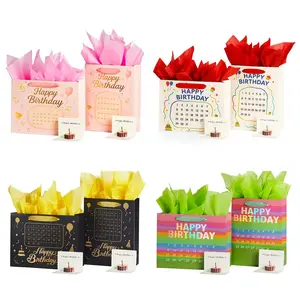 Vitalizart Birthday Paper Gift Bags With Ribbon Handles Set of 2 - Pop-Up Cards, Tissue Paper, Custom Calendar Design White Bags for Kids Birthday Party Favors Goodie Bags Girls Boys Shower