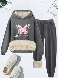 Women's Butterfly Print Thermal Lined Hoodie & Pants Two-piece Set, Knit Outfit Set, Matching Lounge Sets, Casualhooded Sweatshirt & Pocket Trousers for Fall & Winter, Women's Clothes for Daily Wear
