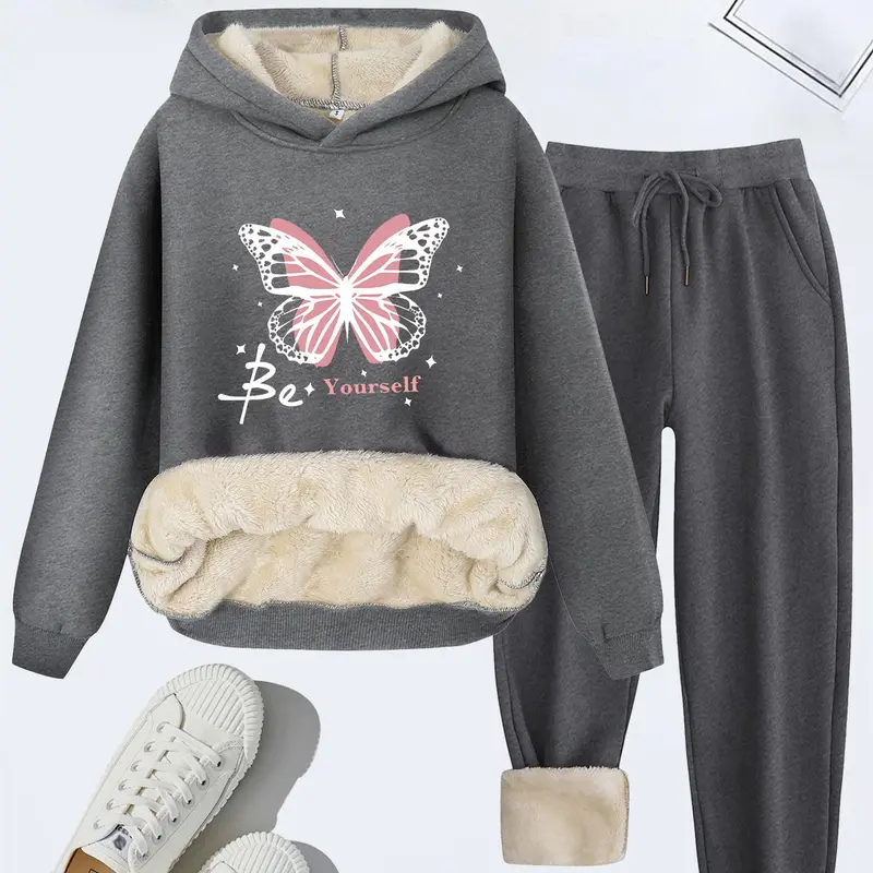 Women's Butterfly Print Thermal Lined Hoodie & Pants Two-piece Set, Knit Outfit Set, Matching Lounge Sets, Casualhooded Sweatshirt & Pocket Trousers for Fall & Winter, Women's Clothes for Daily Wear
