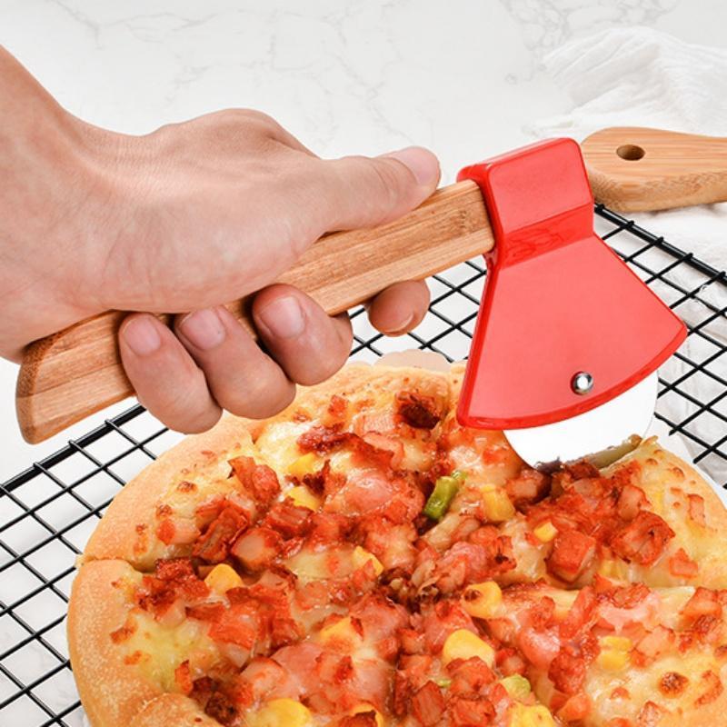 Funny & Cool Axe Pizza Cutter - Unique Men Dad Tool With Steel Сircular Saw, Plastic Cover for Wheel Blade Knife & Bamboo Handle - Cute Kitchen Gadgets Nonstick Stuff Slicer Accessories