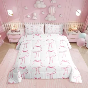 Kawaii Pink Bows Bedding Set for Girls Kids Teen,Cute Pink Bow Tie Comforter Set,Bedroom Decor,Princess Bow Knot Bed Set,Pink Polka Dot Bedding Comforter Set